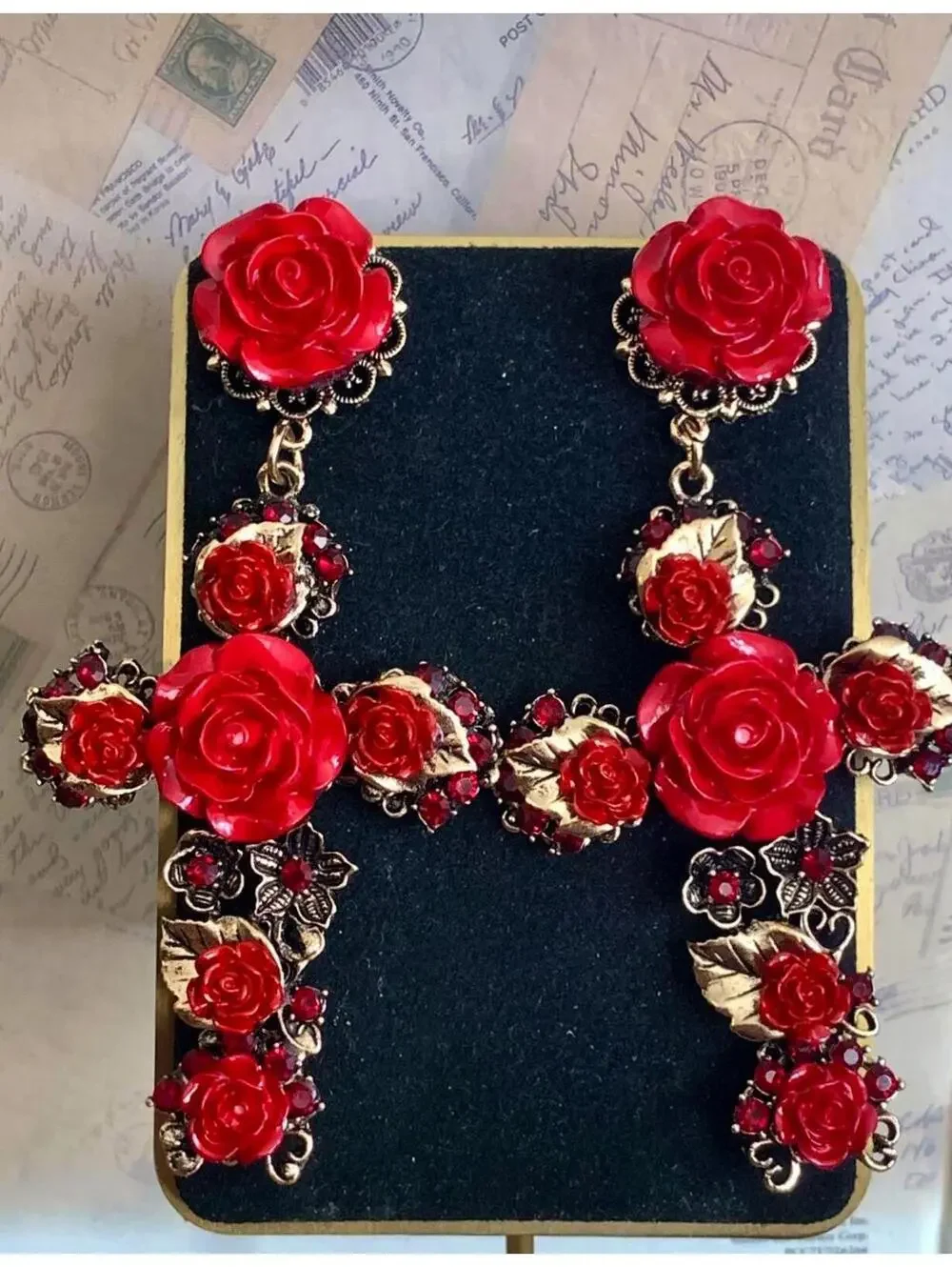 Red Rose Floral Cross Drop Earrings Gothic Romance Rhinestone Dangle